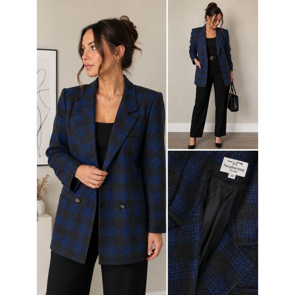 Paraphernalia Vintage Blue & Black Plaid Wool Blazer Size 10 Office wear